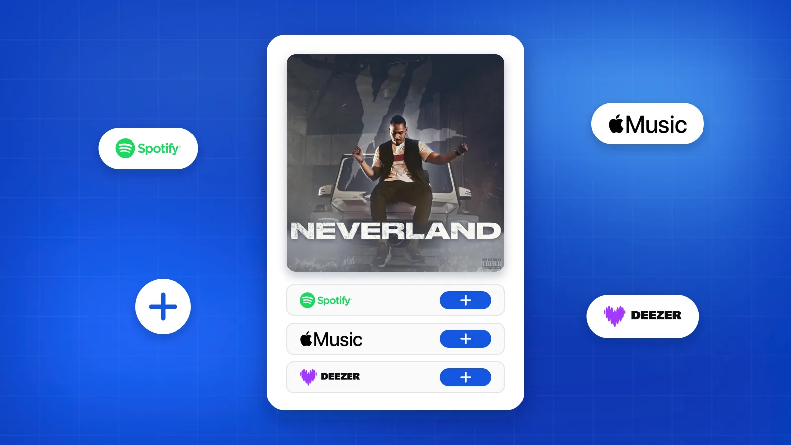 Trang smart link với ảnh bìa bản phát hành và các nút pre-save cho Spotify, Apple Music và Deezer
